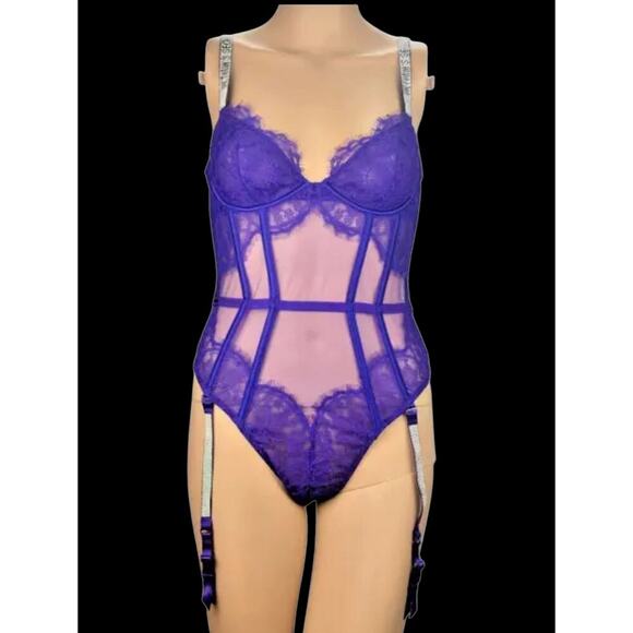 VICTORIA'S SECRET VERY SEXY SHINE STRAP LACE DEMI TEDDY W/ GARTERS SMALL purple - Picture 2 of 6